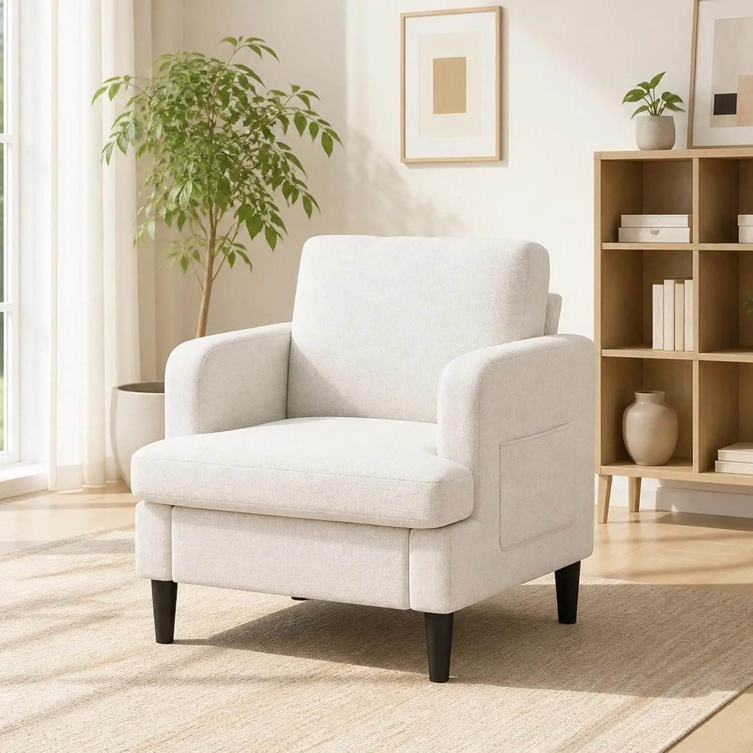 Accent Chair for Living Room, Armchair with Wood Legs, Beige