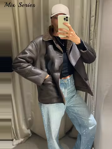 Fashion Double Sided Solid Jacket Women Lapel Collar Single Breasted Long Sleeve Coats 2025 Autumn New Lady Utility Outerwear