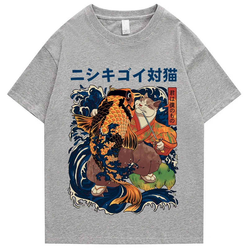 ヒップホップストリートスタイル原宿tシャツ猫は魚のプリントtシャツ2022メンズ夏の半袖tシャツ綿ルーズトップtシャツ