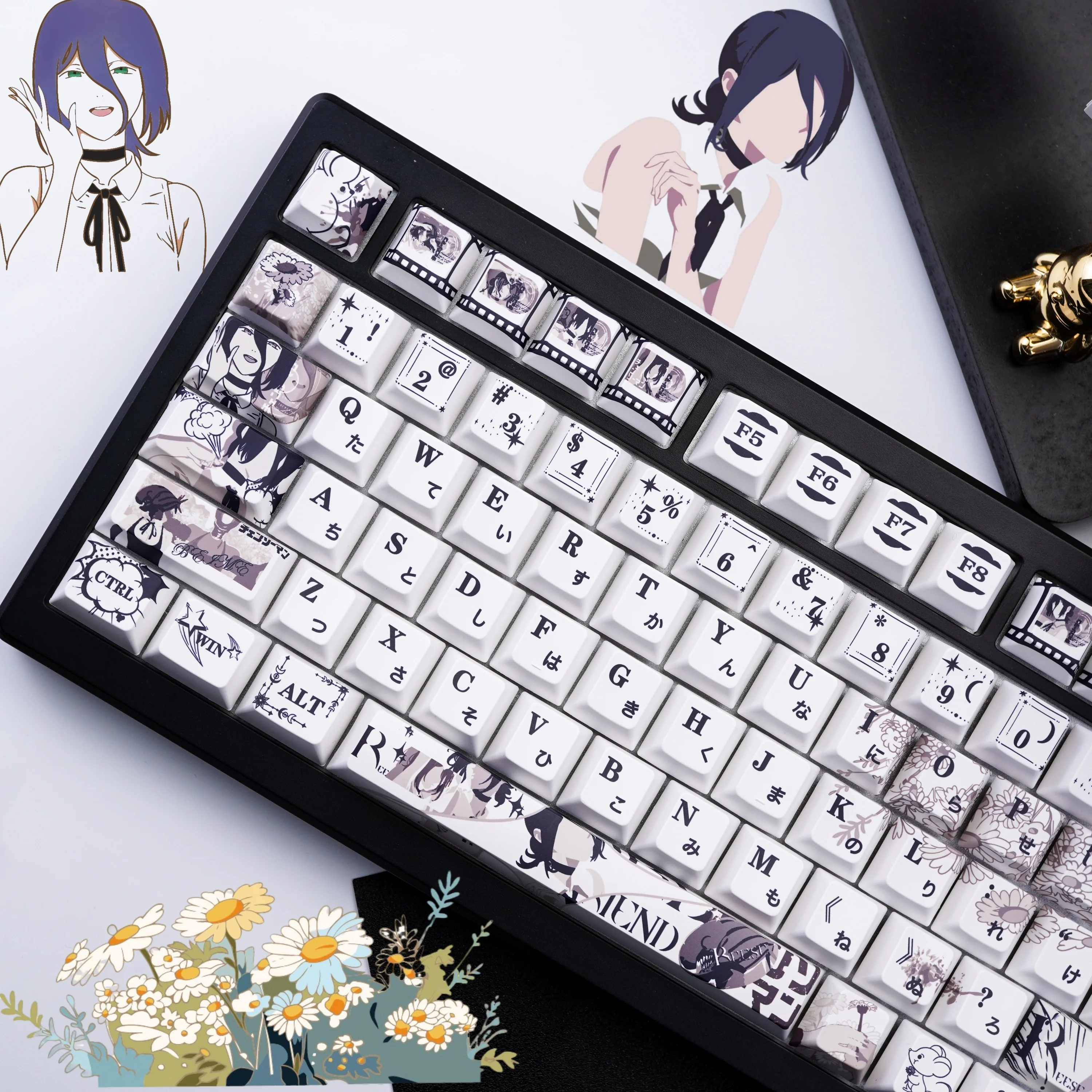 Black White Reze Keycaps Chainsaw Man Theme Anime PBT Dye-sub Keyboard Keycaps Cherry Profile Key Cap for Mechanical Keyboard