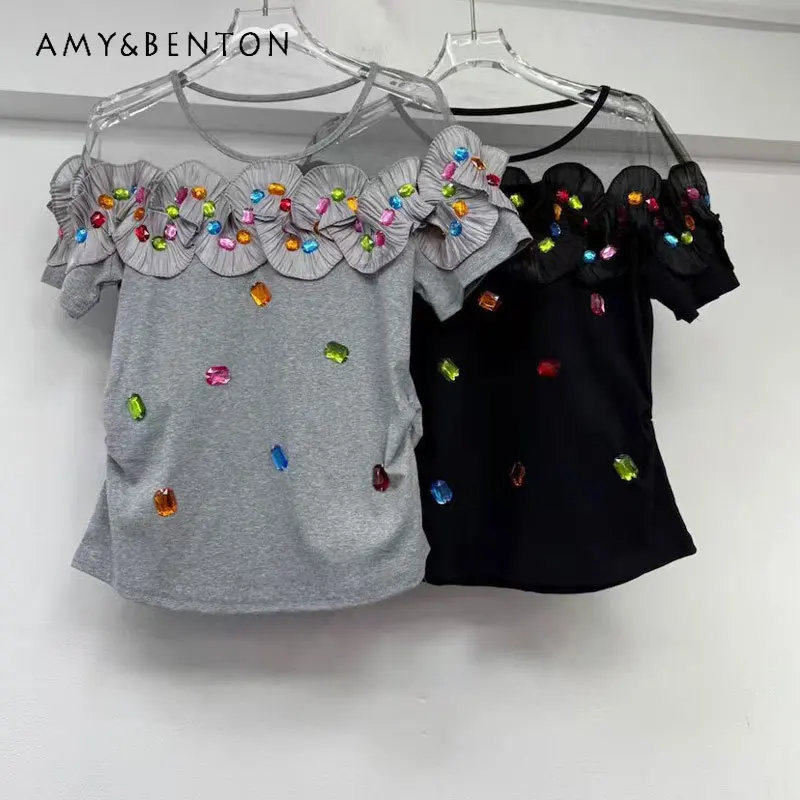 

Trendy Brand Beaded Lace Short Sleeved T-Shirt For Women's 2025 Summer New Popular Color-Block Lace Patchwork Waist-Slimming Top