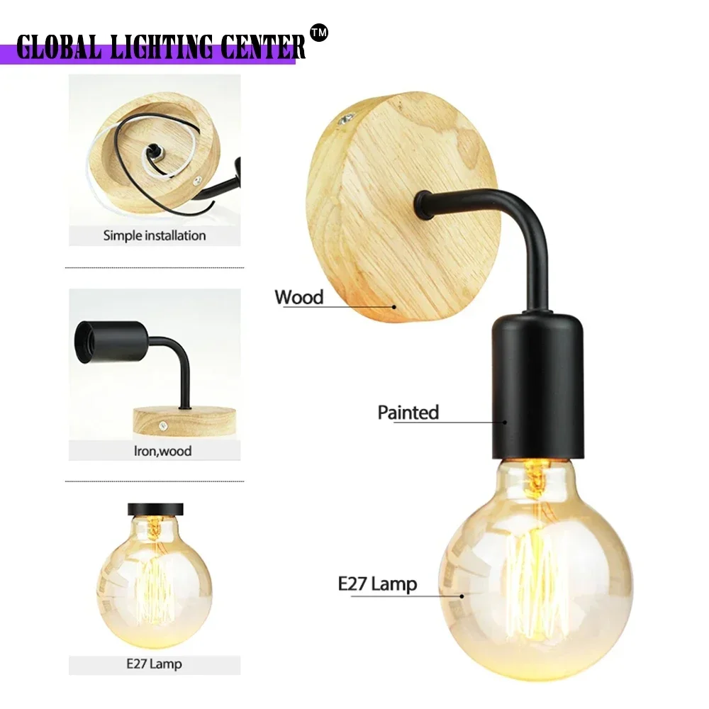 بسيط الجدار ضوء E27 85-265 فولت الحديد/الخشب لوحة داخلي إضاءة خارجية غرفة نوم غرفة المعيشة ديكور المنزل التيار المتناوب الأسلاك الجدار مصباح #1