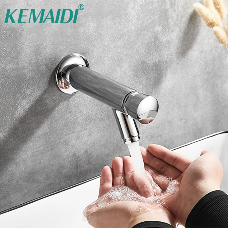 KEMAIDI Water Saving Time Delay Faucet Wall Mount Bathroom Silver Self Closing Basin Sink Tap for Home or Outdoor Single Cold