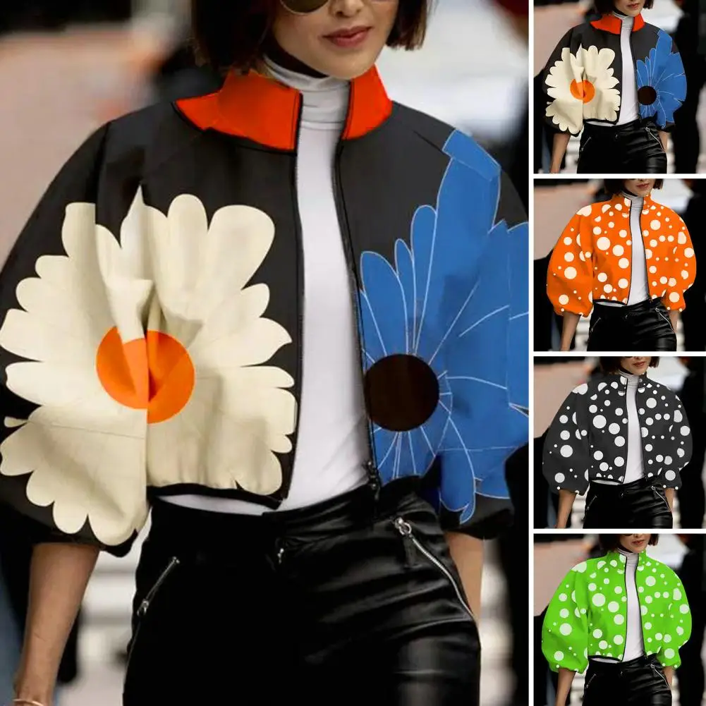 2024 Women Korean Fashion Contrast Color Floral Printed Stand Collar Elegant Jacket Coat Spring Summer Casual Outerwear Cardigan