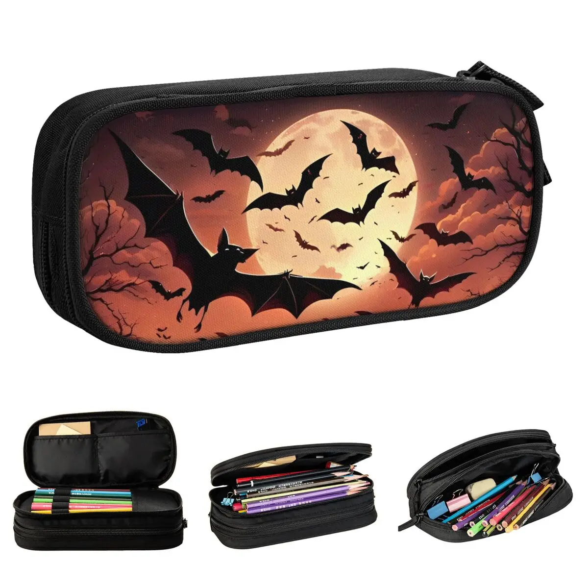 Fashion Bats Pumpkins Halloween Pencil Case Pencil Pouch Pen Holder for Girls Boys Large Storage Bag School Supplies Stationery