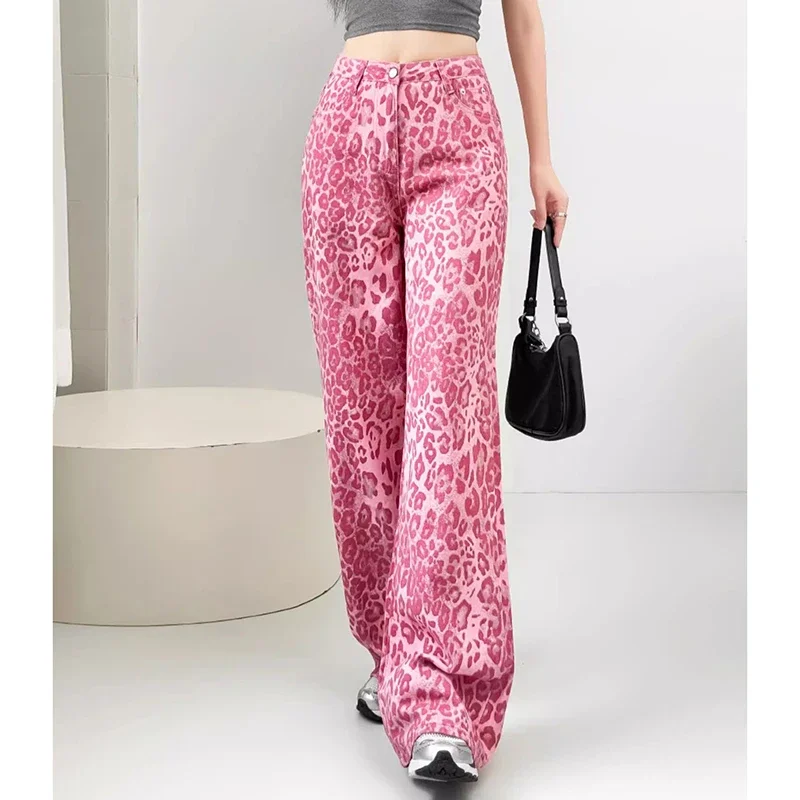 

Female Chic Pink Leopard Print Jeans Women Baggy High Waist Straight Leg Pants Lady Korean Fashion Casual Denim Trousers