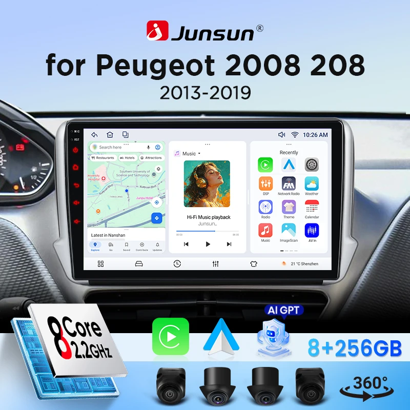Autoradio Junsun pour Peugeot 2008 208 2012 - 2018, CarPlay, Android Auto, FM, RDS, DSP, BT, GPS, Navi, SWC, écran tactile HD IPS, Plug & Play, lecteur multimédia, appels mains libres, style d'origine de la voiture, unité principale