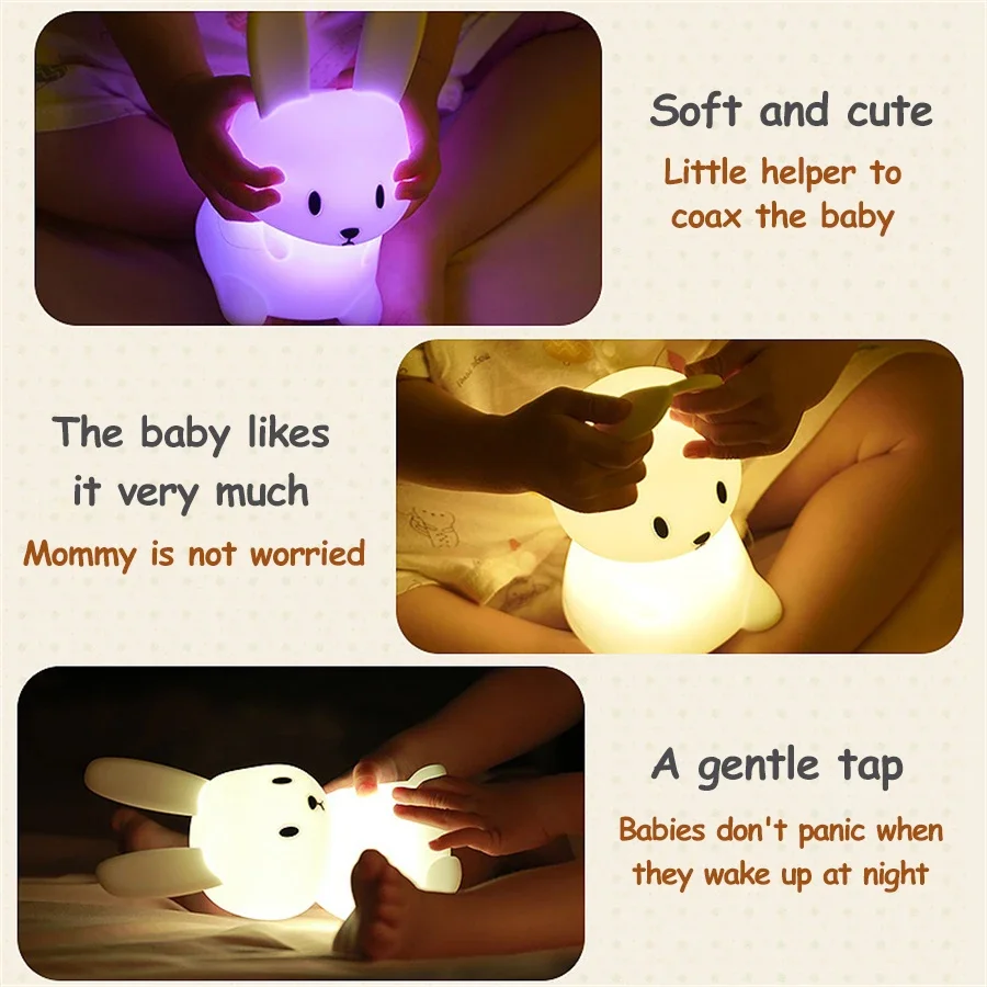 LED Night Light USB Silicone Rabbit Night Lights Cartoon Cute Bunny Lamp For Nursery Girls Boys Toddler Kawaii Room Decor