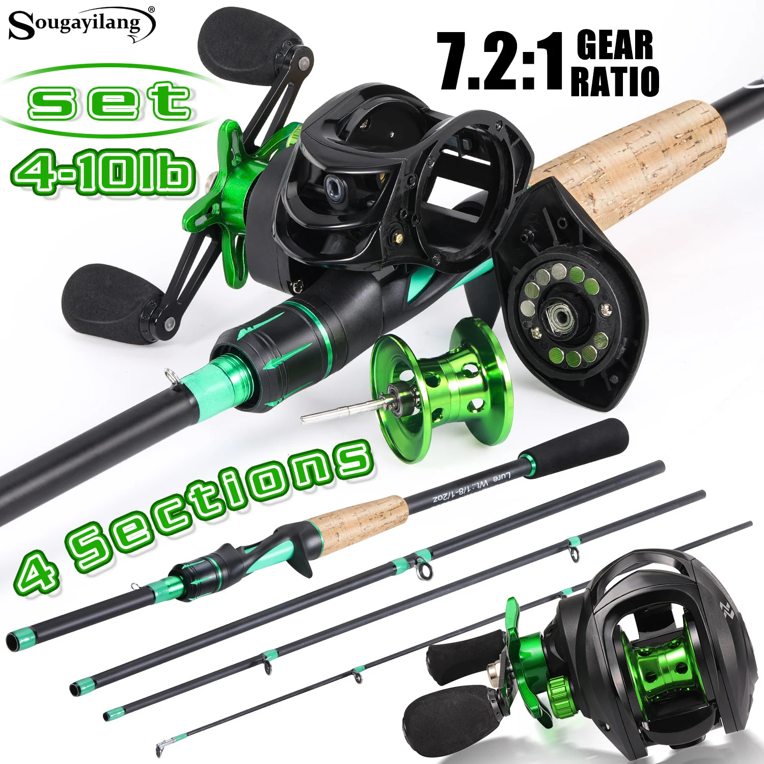 Sougayilang Fishing Rod and Reel Combo Set 1.8~2.1m Carbon Fiber Casting Rod and 7.2:1 Gear Ratio Baitcasting Reel Max Drag 10kg