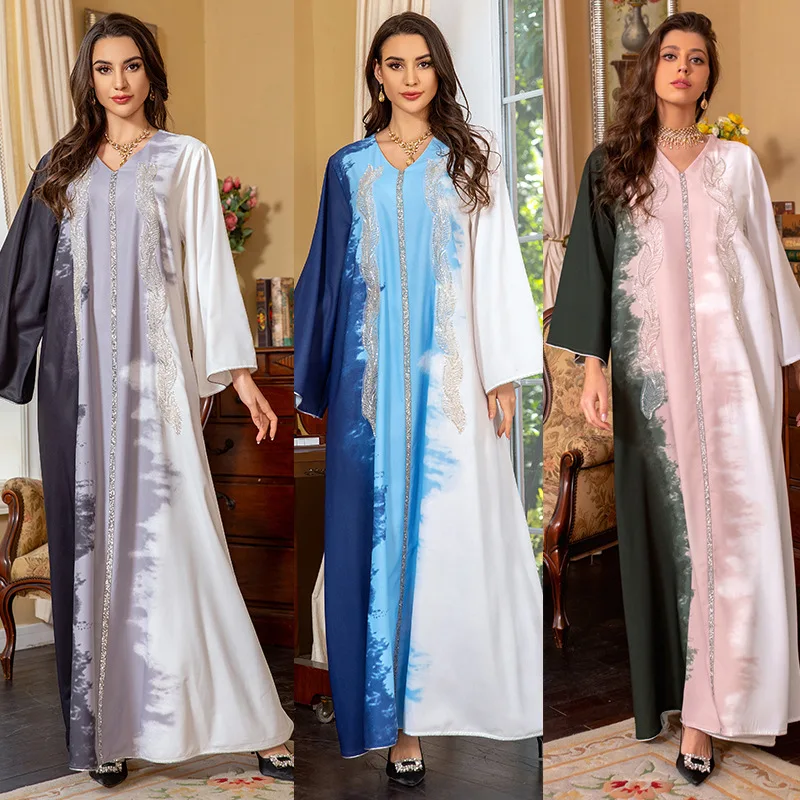2025 Naher Osten Kleidung Perlenstickerei Muslimisches Kleid Dubai Saudi Tie Dye Hot Diamond Robe Elegante Abendkleider