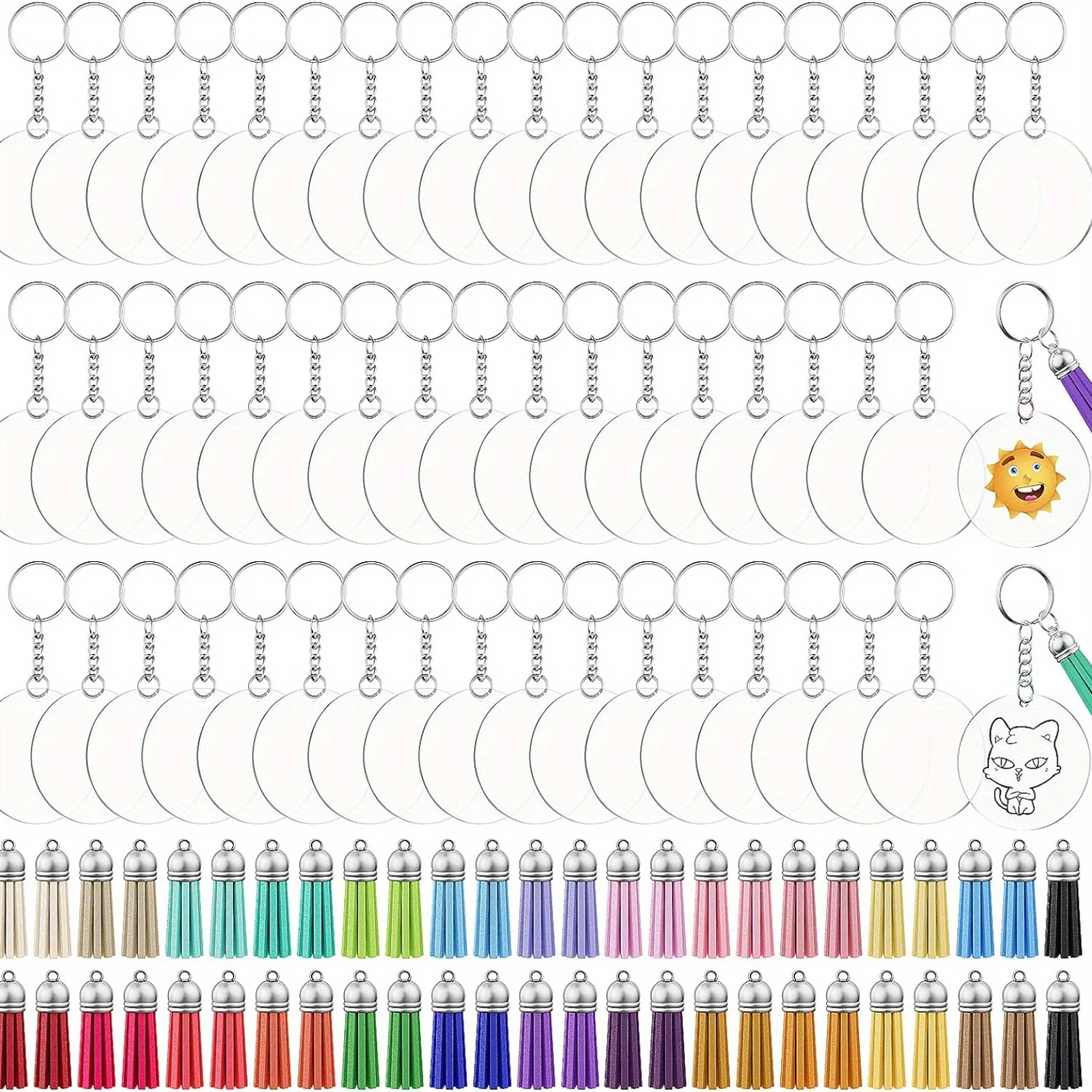 

120 pcs Acrylic Keychain Blank with Key Rings: Tassels Key Chain for Craft,Bulk Keychain Rings,Key Chain Kit For Girls, Silver