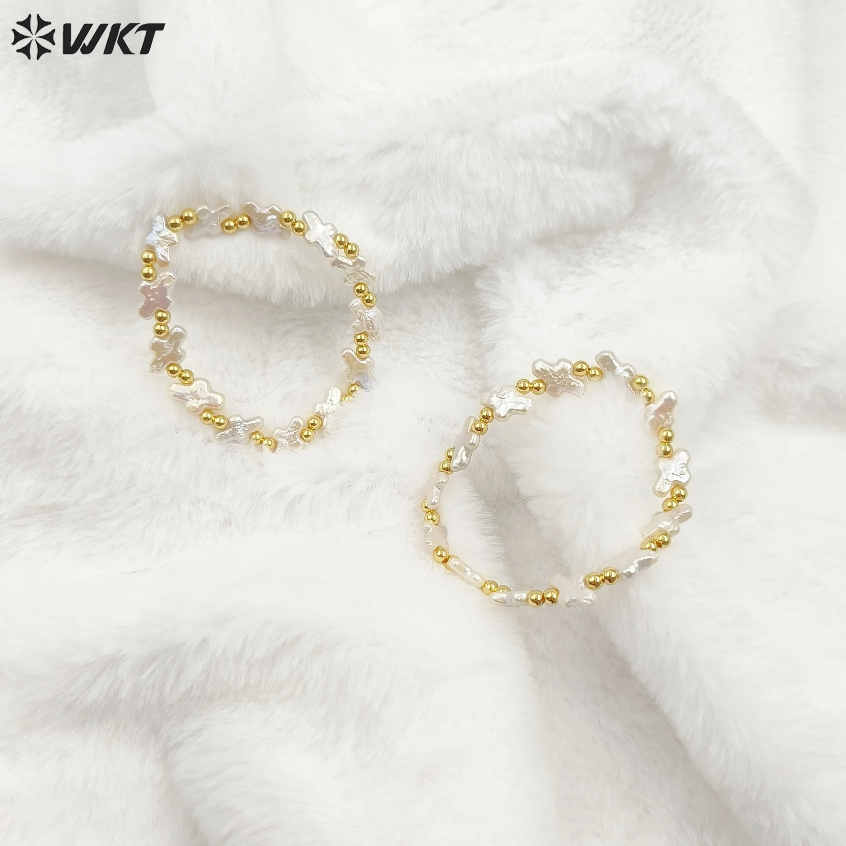 WT-MPB101 Elegant Fashionable Bracelet Cross Tiny Pearl And Gold Beads Elastic bangle For Women Perfect Daily Decoration