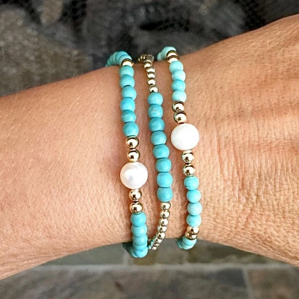 

Vlen Natural Stone Turquoise Beaded Bracelet Elastic Cord Genuine Pearl Boho Jewelry for Women Summer Beach Jewellery