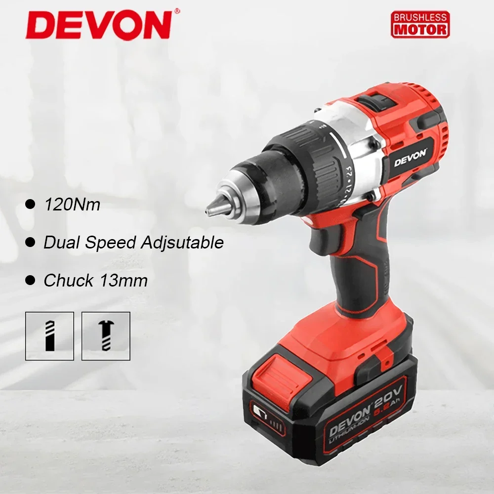 

Devon Heavy Duty Cordless Drill 5282 Max 120Nm 2300rpm Brushless 2 Speed Adjustable Multifunctional Universal 20v Flex Battery