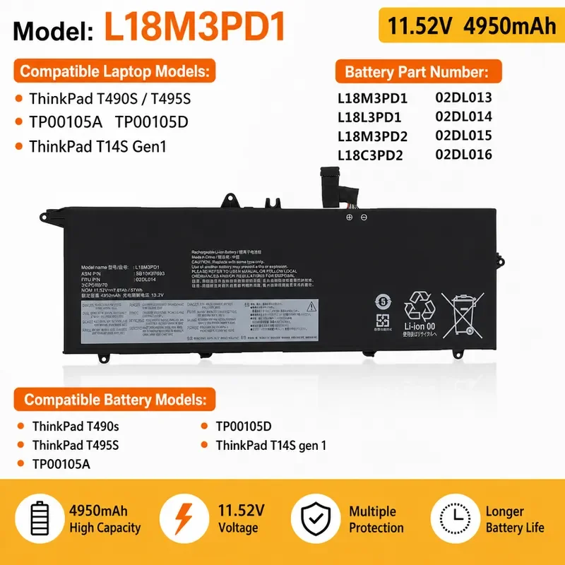 For Lenovo ThinkPad T490S T495S L18M3PD1 L18L3PD1 notebook battery