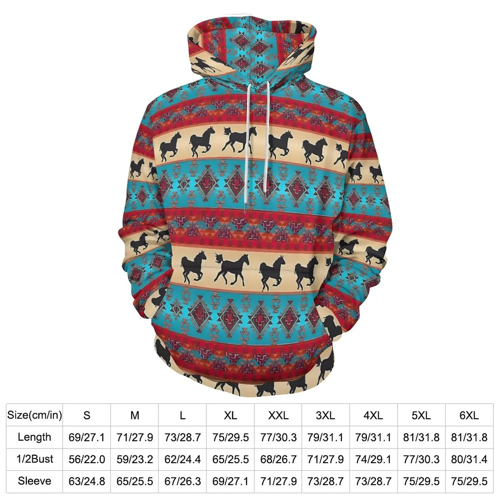 Tribal Horse Hoodies Red and Blue Hip Hop Casual Hoodie Long Sleeve Cute Design Sweatshirts 4XL 5XL 6XL