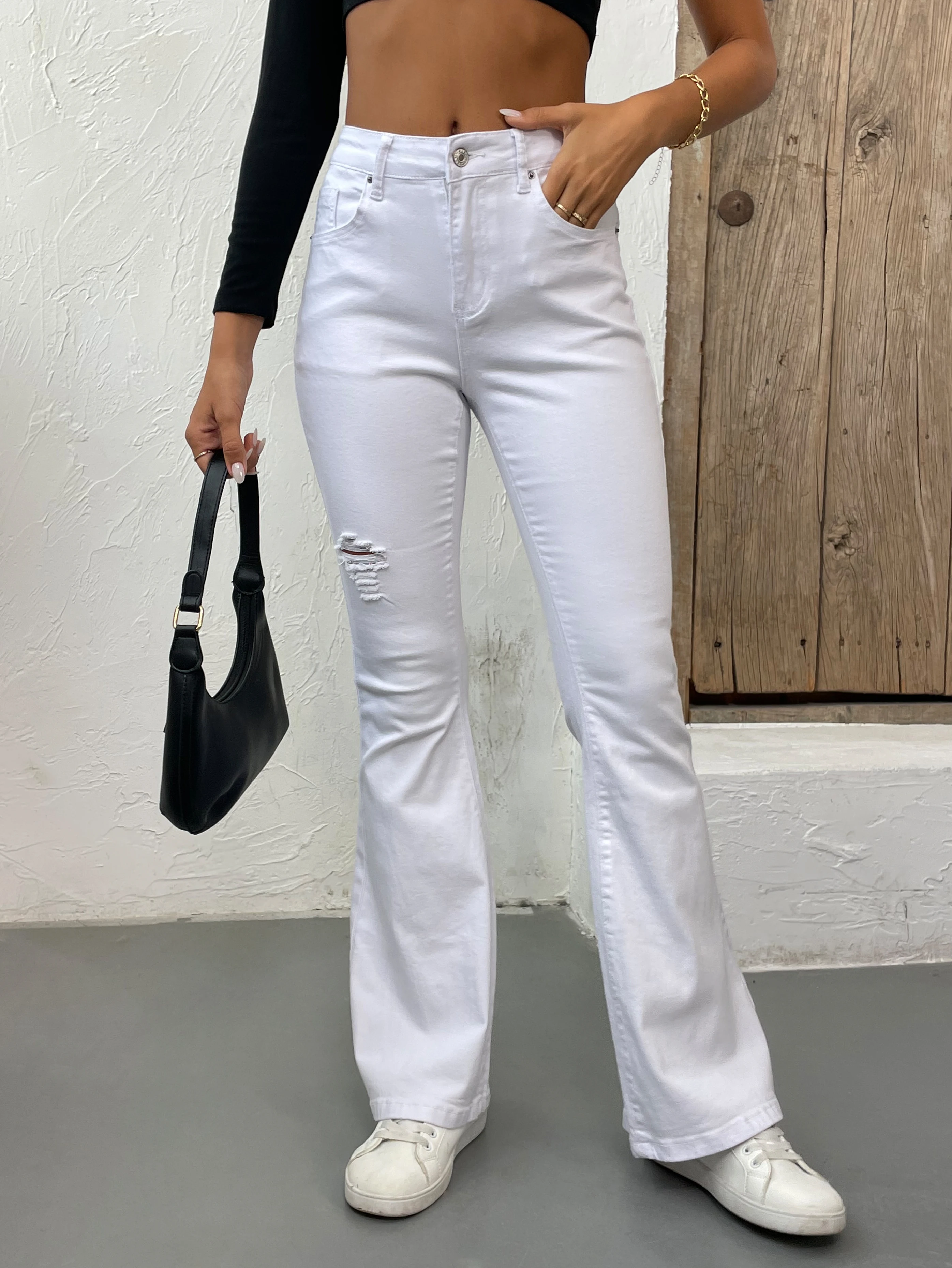 

ZMTUO Women's High Waisted Flared Jeans Distressed Stretch Denim Pants - Black/White Vintage Bootcut Trousers Casual Fashion