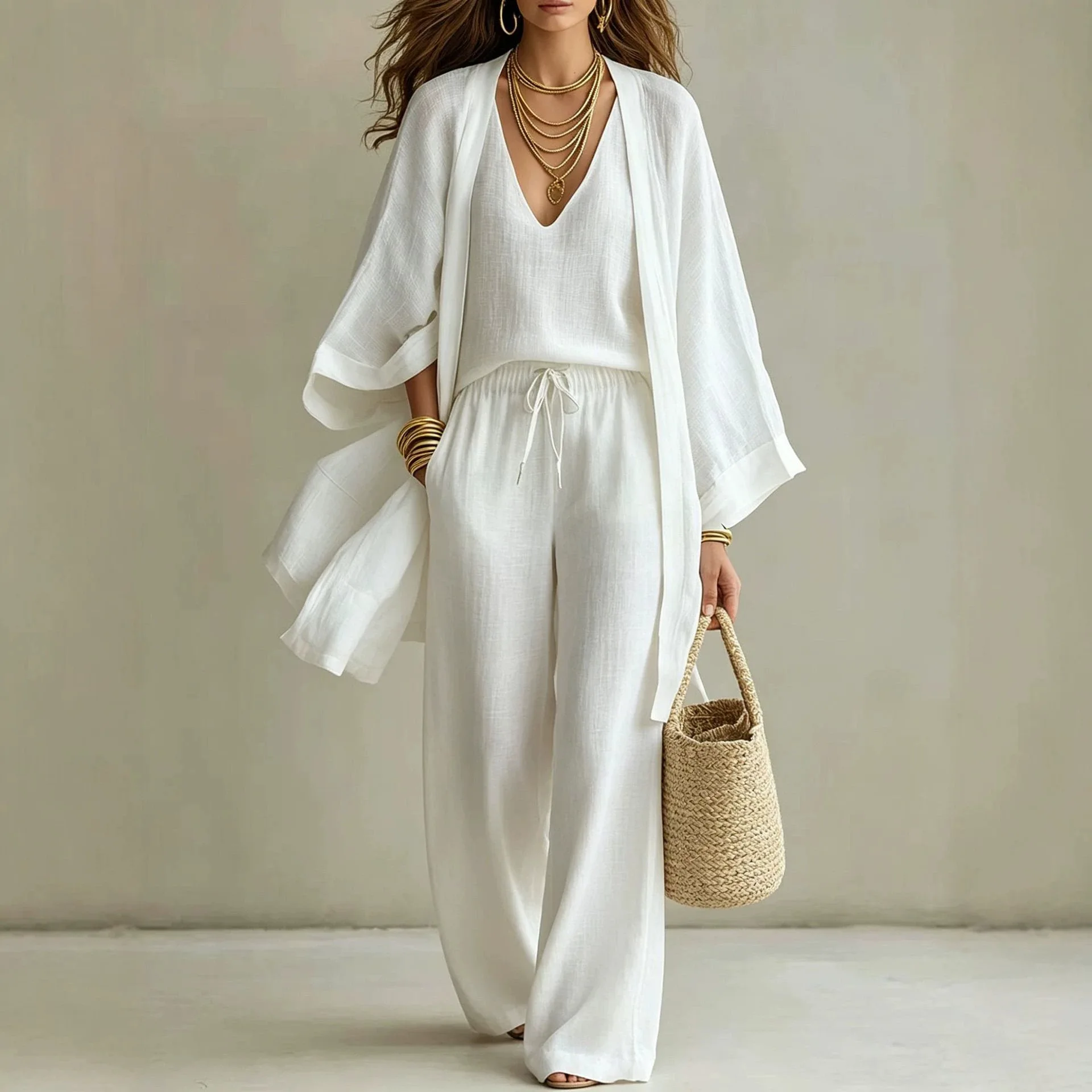 2026 Loose Cotton Linen Mid-Length Nine-Quarter Sleeve Open Cardigan Sleeveless Vest Trousers Casual Three-Piece Set for Women