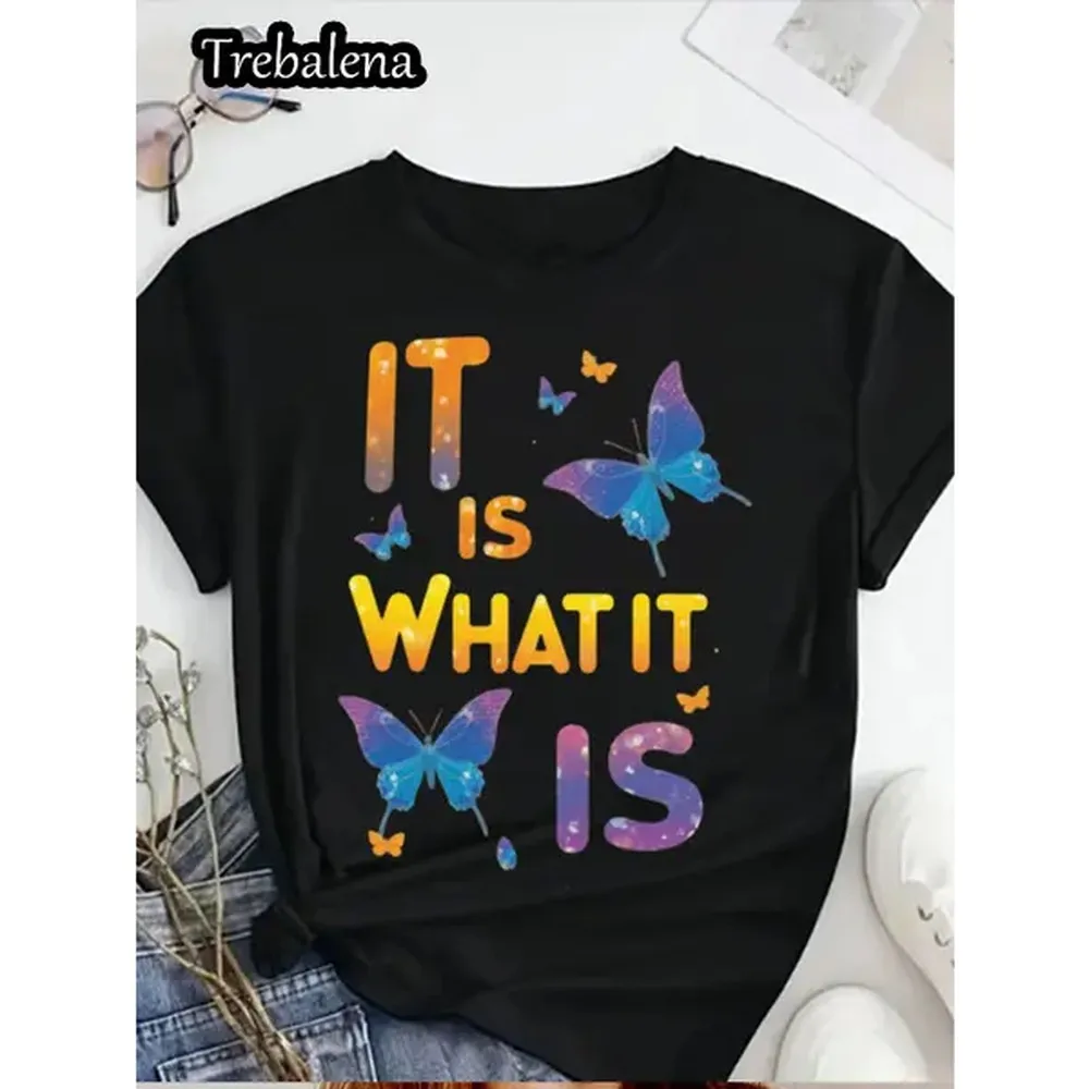 [100% Cotton] Plus Size Women'S T-Shirt - Colorful Butterfly Graphic & 