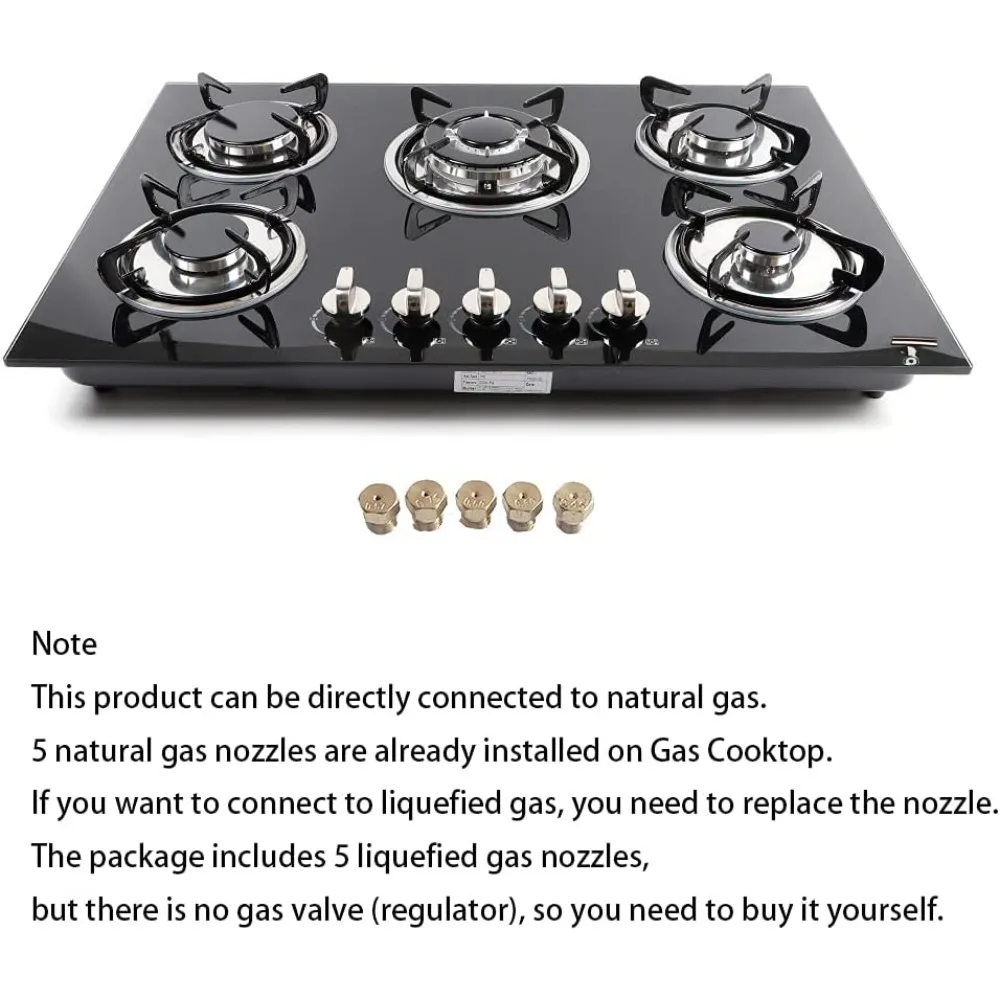 Table de cuisson à gaz intégrée 30x20 pouces, 5 brûleurs, table de cuisson en verre trempé, plaque de cuisson à gaz pour la cuisine