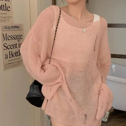 Y2K Women Fluffy Off-shoulder Sweater Solid Color Loose Ripped Long Sleeve Knitwear Summer Fall Streetwear Pullover Cover Ups