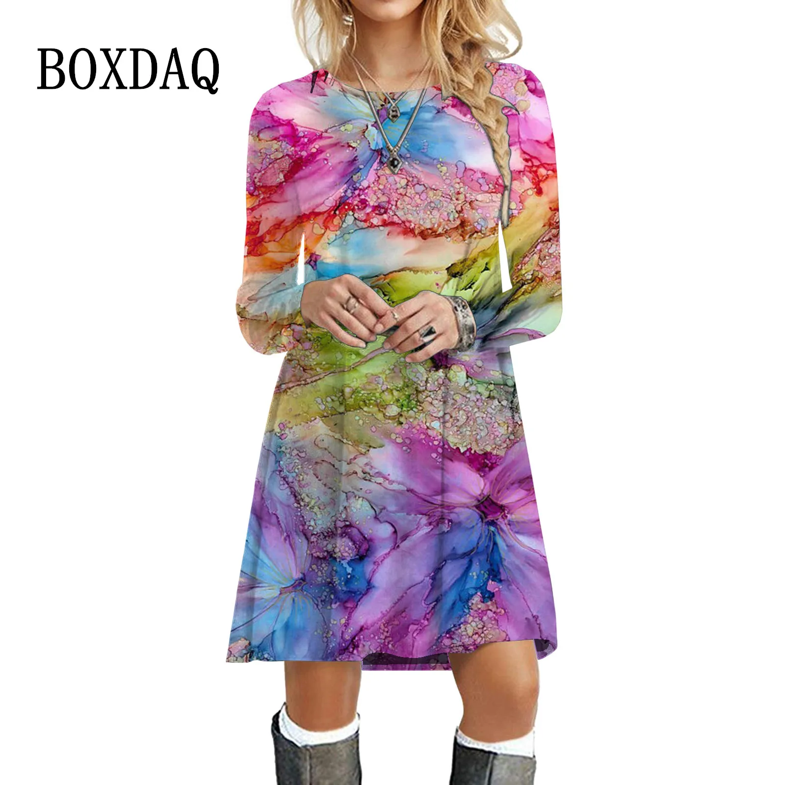 Tie Dye Abstract Pattern Women Dress Flower Printing Loose Mini Dress Autumn Fashion Streetwear Casual Oversized Female Clothing