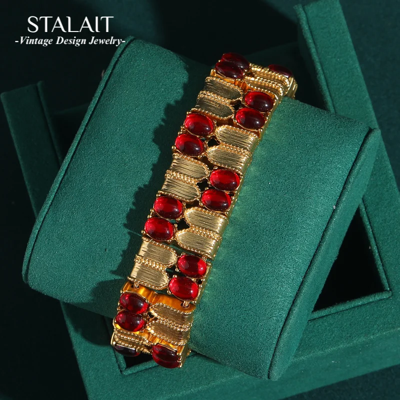 

Vintage Gold Color Wide Bangles Bracelets Red Glass Oval Natural Stone Elastic Bamboo Knot Bohemian 2025 Trendy Antique Jewelry