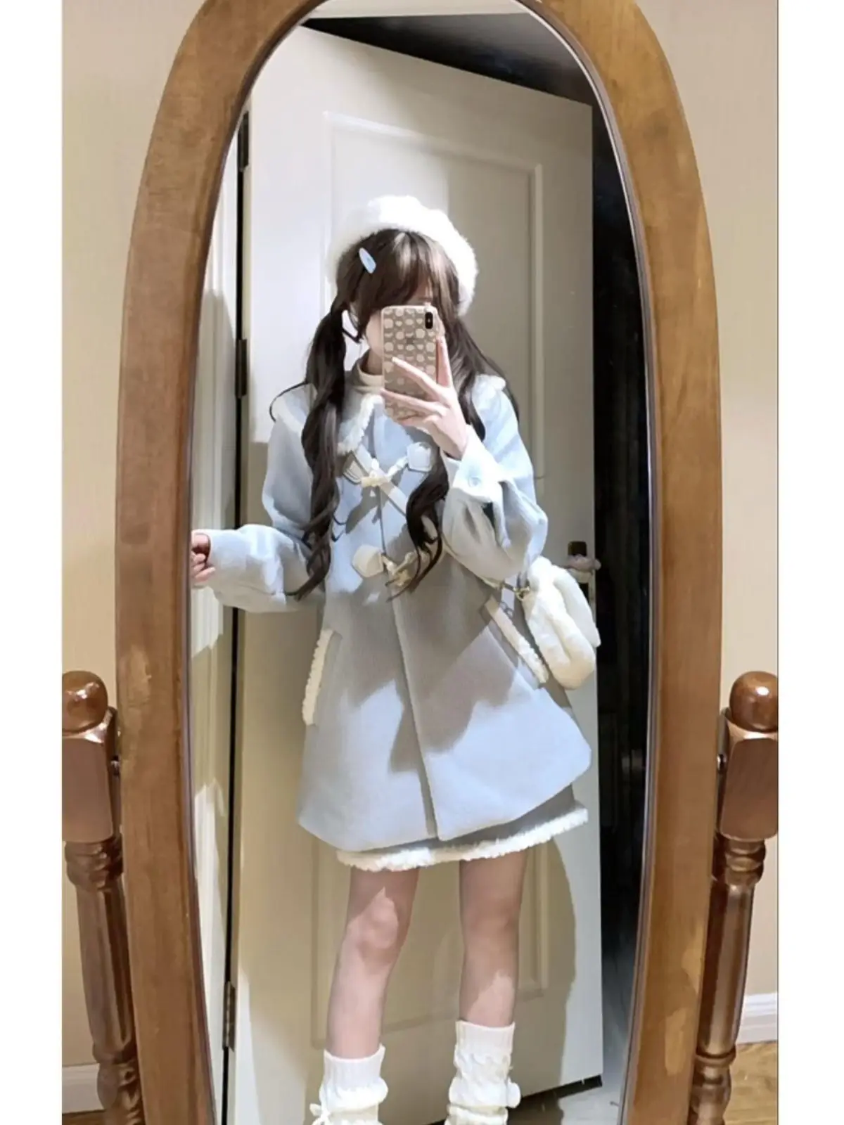 

Thiened Woolen Coat Sweet Doll Collar ort Sle for Small Girls Winter Outerwear Casual Loose Fit Long Sve Pure Color