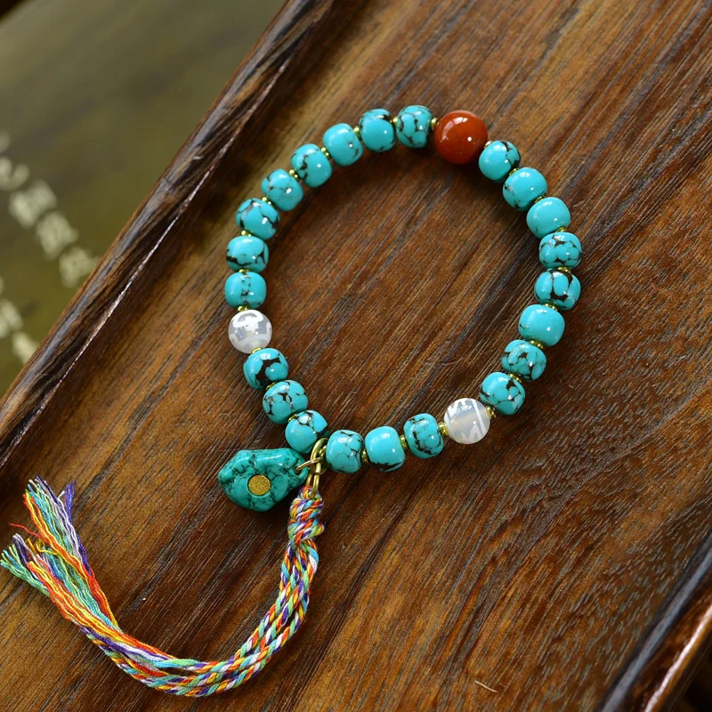 

Natural High-Fired Ceramic Mesh Flower Iron Wire Magnesite Bracelet Turquoise Bar Beads Cultural Artifact Prayer Beads Bracelet