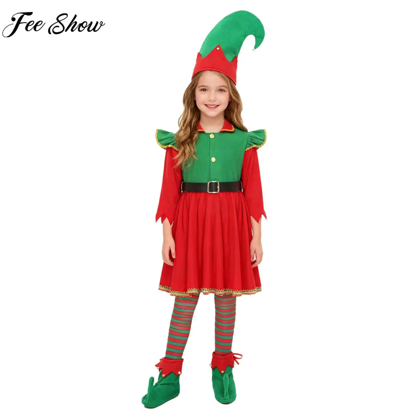 Kids Girls Christmas Xmas New Year Party Santa Claus Helper Elf Cosplay Costume Red Green Dress with Belt Socks Hat Shoes Covers
