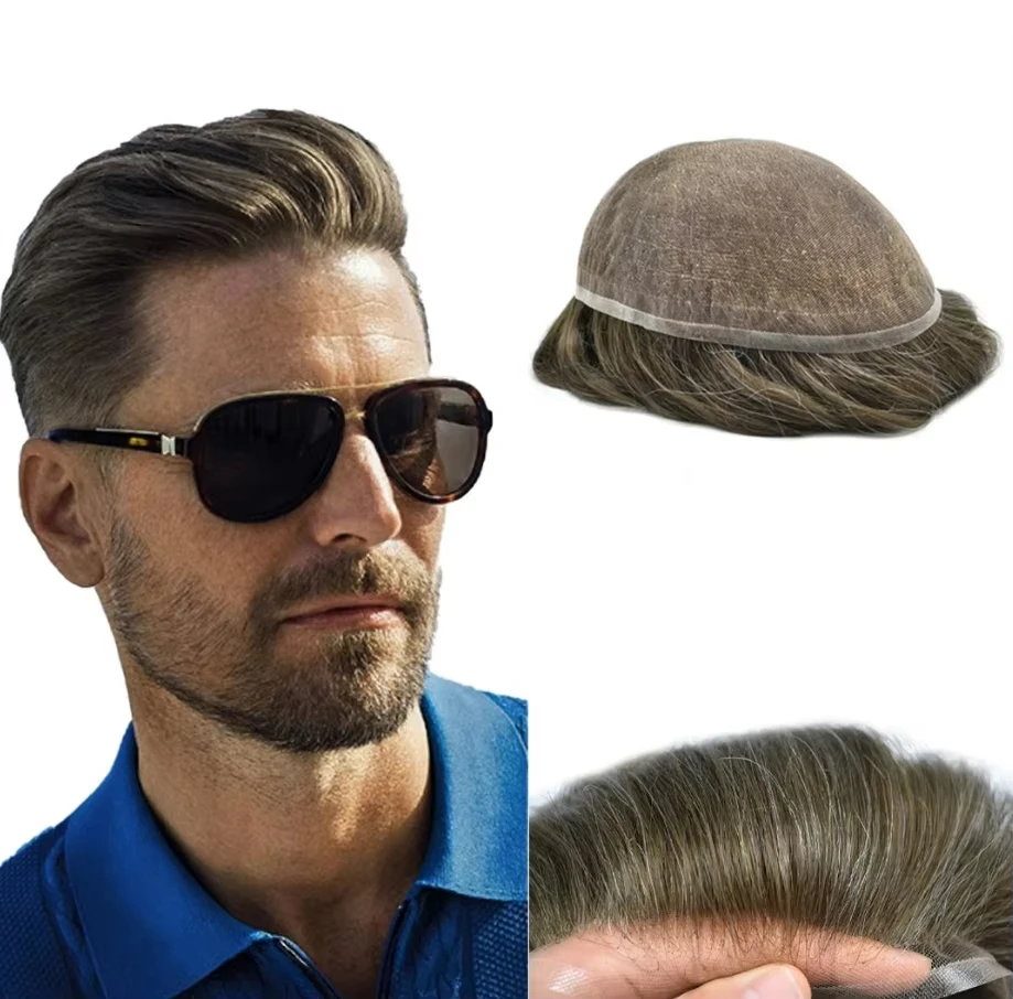 

Wholesale Bleached Knots 100% Human Hair Wig Virgin Hair Replacement System Natural Hairline Full Lace Men's Toupee
