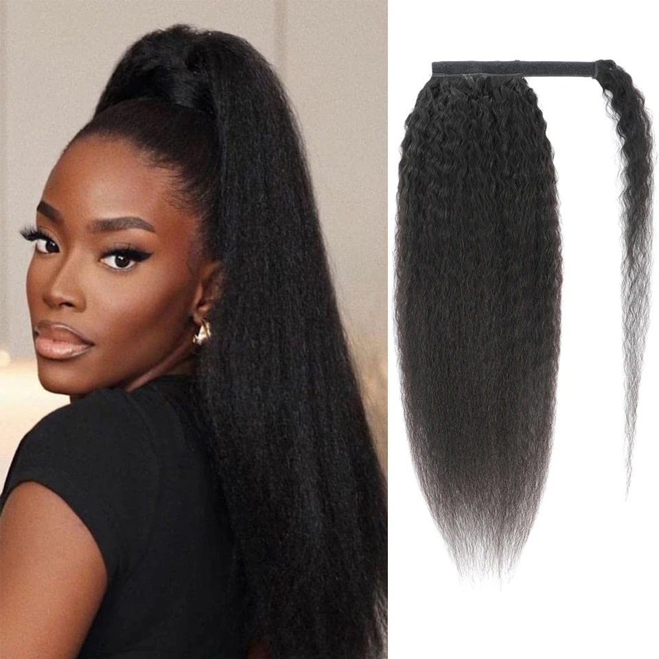 

Kinky Straight Wrap Around Human Hair Ponytail with Clips Yaki Kinky Straight Magic Paste Ponytail Virgin Human Hair for Women