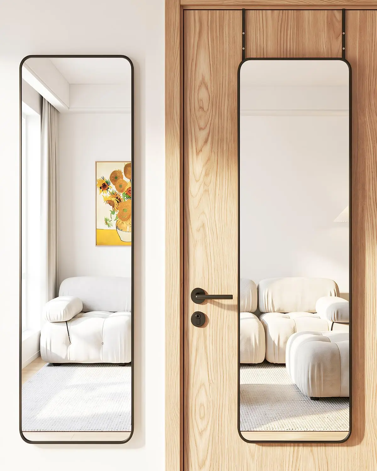 

48"x14" Over the Door Full Length Mirror, No-Drill Hanging, Black Aluminum Frame