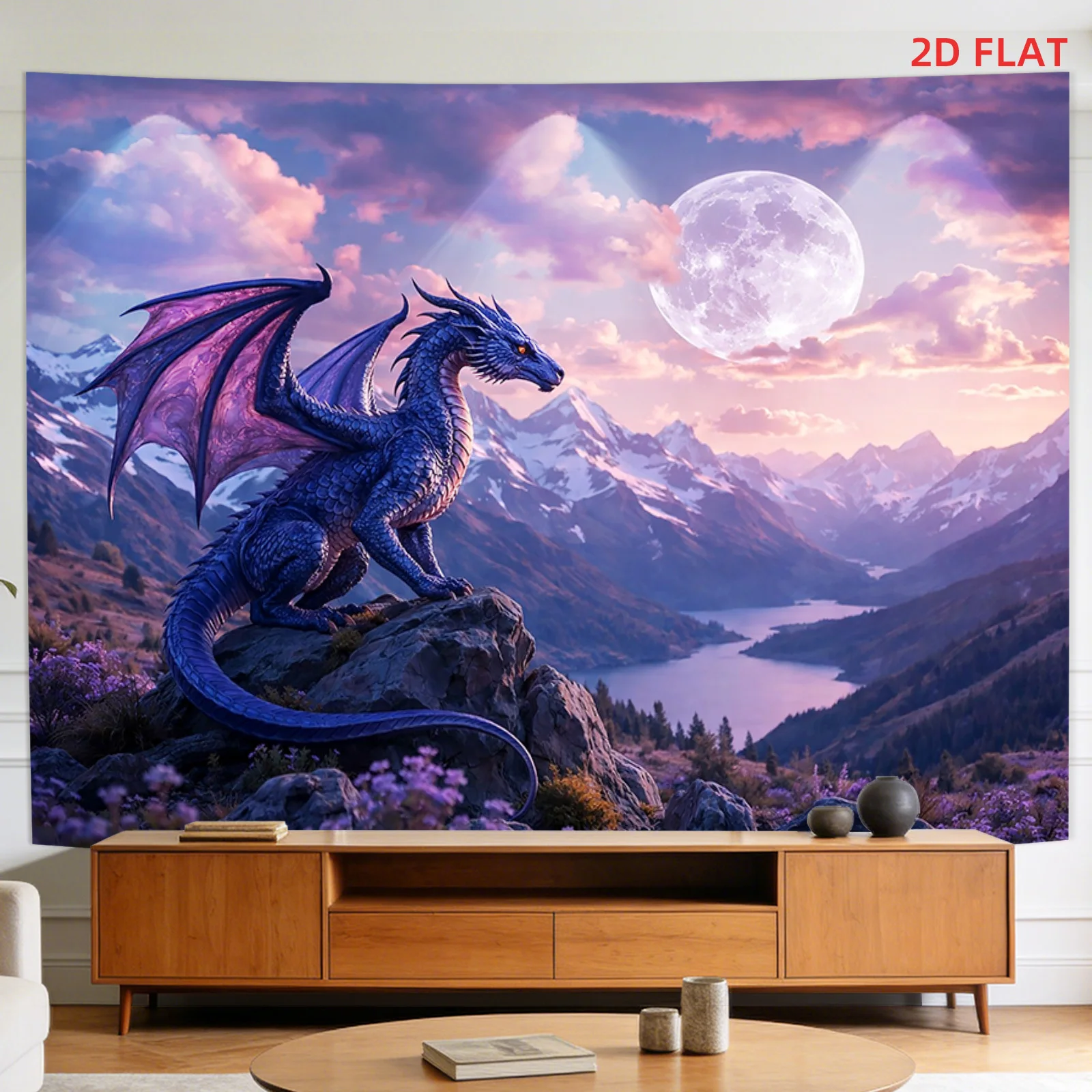 Blue Dragon on Mountain Cliff Tapestry with Full Moon and Lake 180x280cm Wall Decor aesthetic room decor