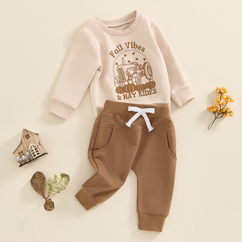 Baby Boy Fall Outfit Bulldozer Print Long Sleeve Sweatshirt Elastic Waist Pants 2 Piece Set for Halloween