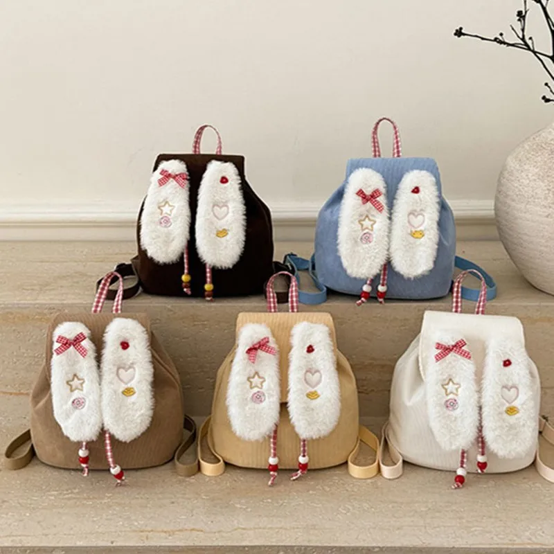 Compact and durable plush rabbit-ear women's small backpack, cute children's schoolbag, kawaii girl bag