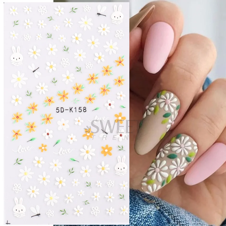 5D Embossed Flower Colorful Nail Stickers Simple DIY Wildflower Sliders Sunflower Daisy Spring Engraved Art Manicure Decals image 3