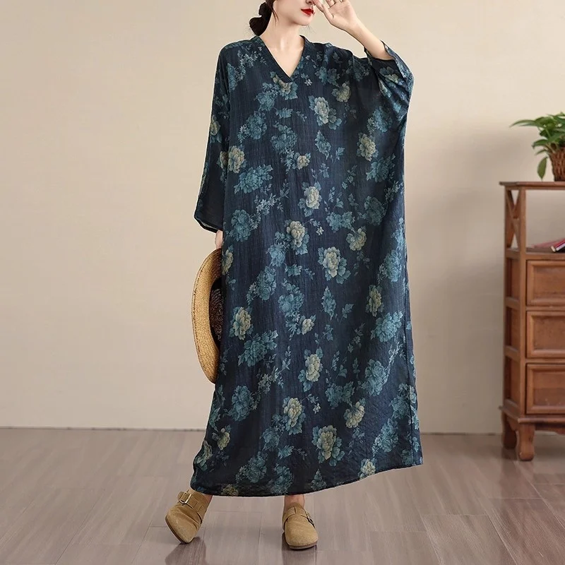 

Женская повседневная одежда больших размеров с принтом ранней осени 2021, длинное платье в стиле ретро с v-образным вырезом для отдыха, w654