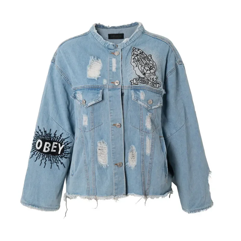 

Hole Ripped Denim Coat for Women Spring Autumn Embroidered Jackets Stylish Frayed Collarless Design Loose Jean Jacket
