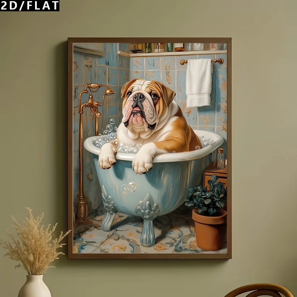 2D Flat, 2D/FLAT 1pc Modern Retro Bathtub Bathing Bulldog Cartoon Oil Painting Canvas Wall Art Decoration, Nordic Style Pet P