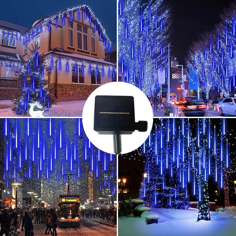 Mooie Zonne-Energie Led Meteoor Regen Steek Lampjes 8 Buis String Lights Buiten Bruiloft Tuin Vakantie Kerst Street Tree Versiering