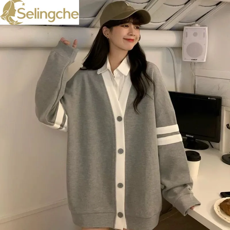 Splicing Knitted Cardigan with Single Breasted Loose and Lazy Style, Autumn and Winter V-neck Sweater Jacket for Women