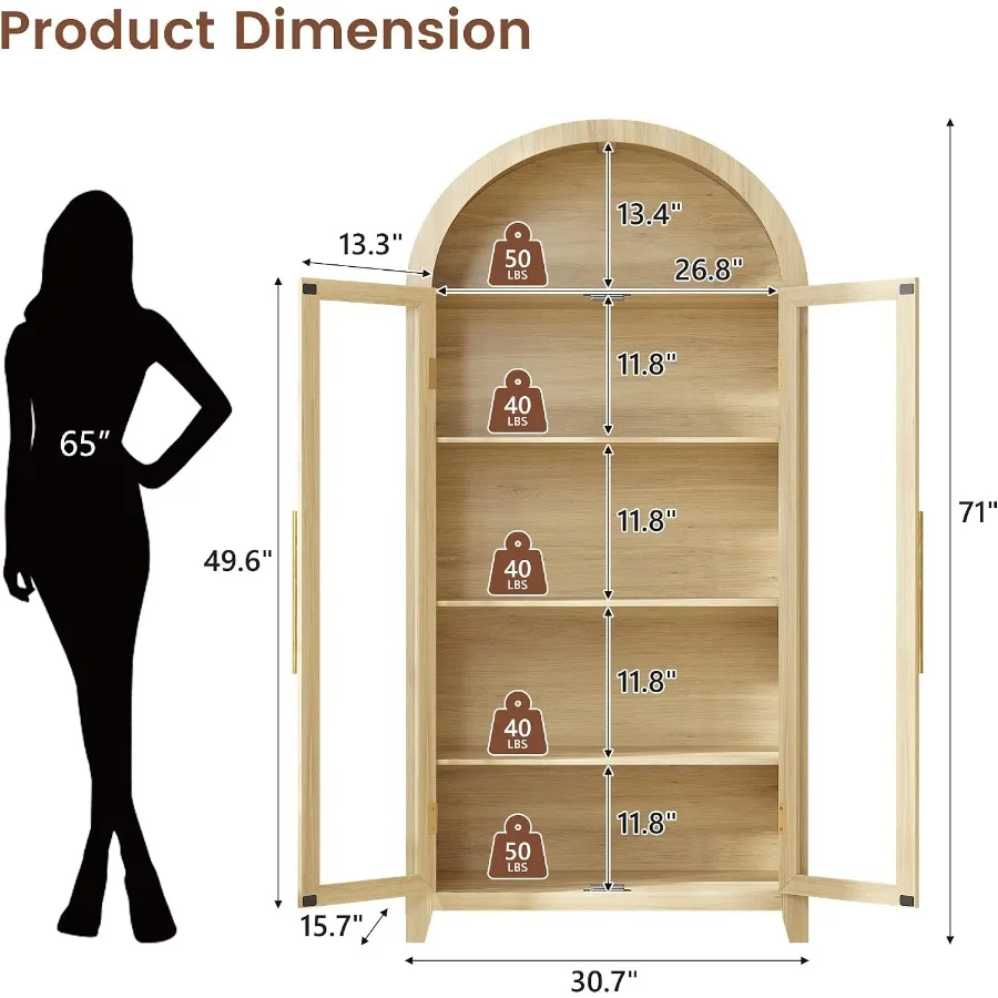 Arched Display Cabinet with Glass Doors and LED Light, 71" Tall view 2