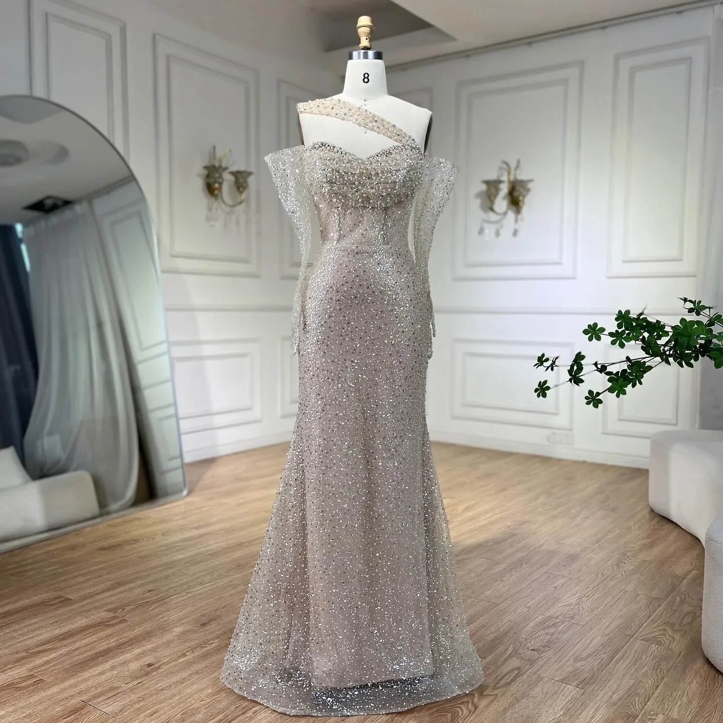 SERENE HILL Customized 2025 Nude One Shoulder Mermaid Evening Dresses Elegant Luxury Beaded Gown  Wedding Party GLA72365