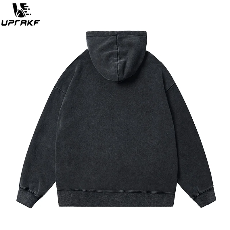 UPRAKF Washed Retro Hoodie Loose Long Sleeve Autumn Fashion Pullover Casual Streetwear Hip Hop Tops