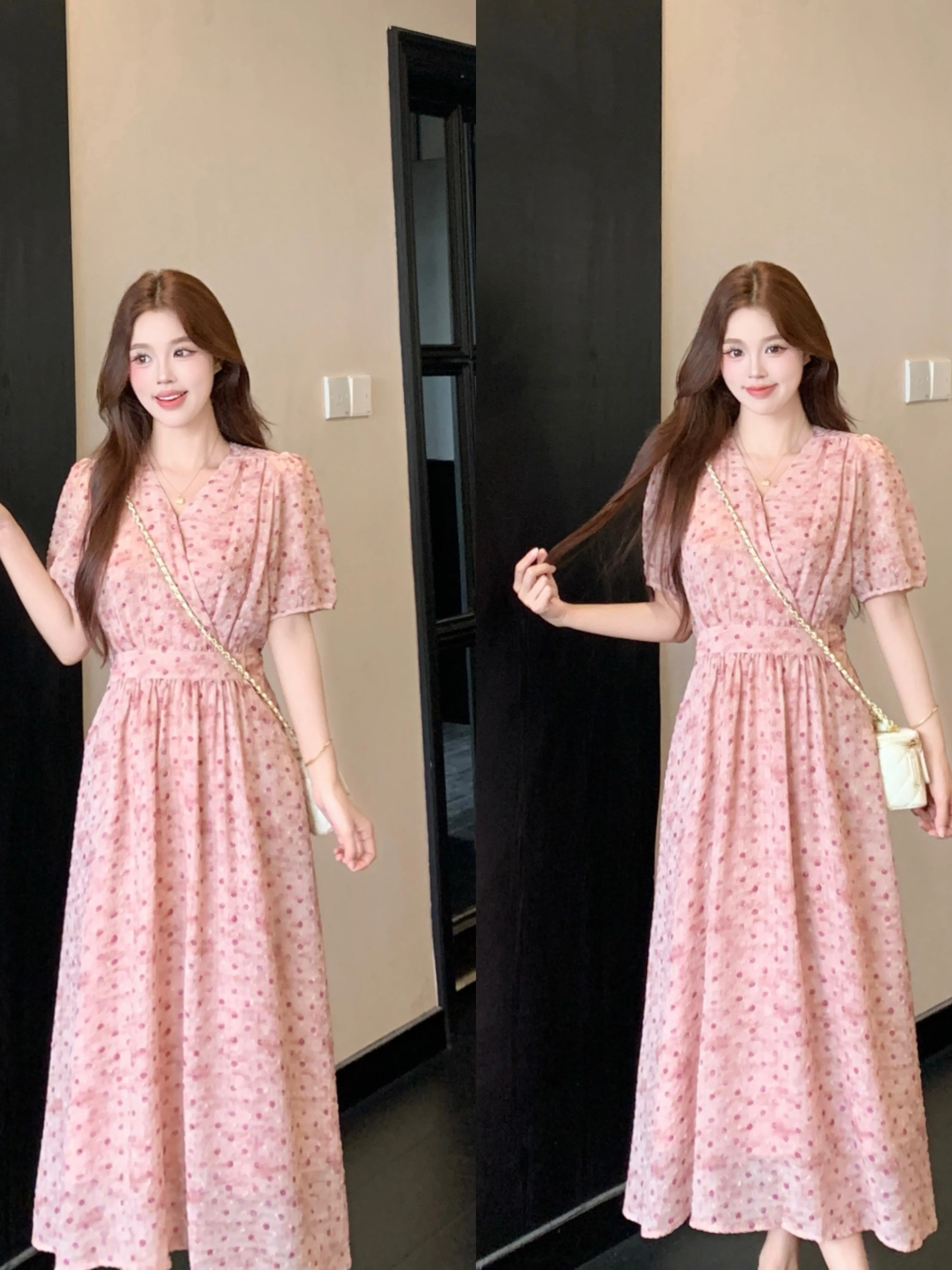 

plus Size V-Neck Polka Dot Dress Slimming Waist Design Summer Long Skirt for Women Gentle Style A-Line Dress Breathable Fabric