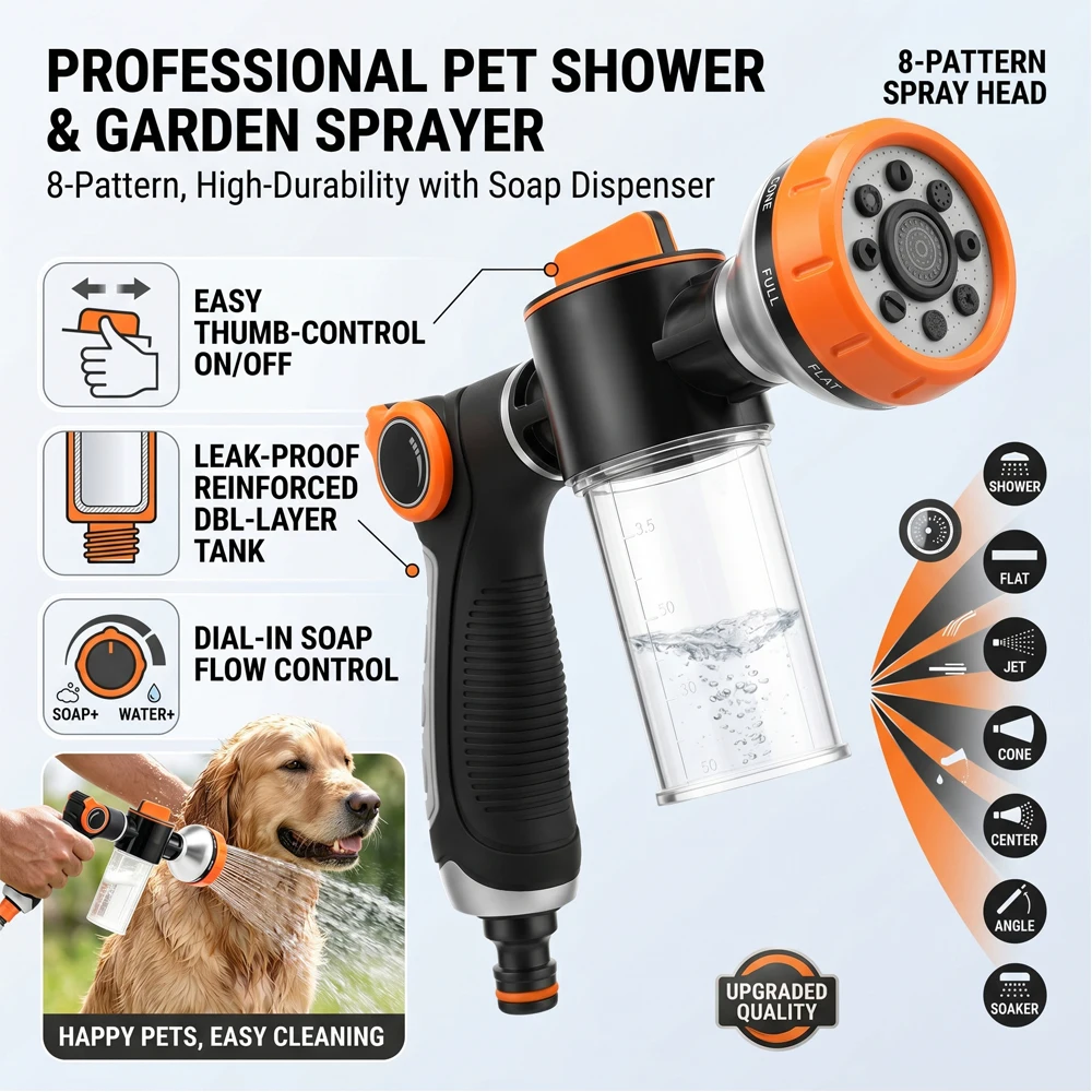 Dog Wash Hose Attachment 8 Pattern Spray Nozzle Thumb Control Pet Shower Sprayer Foam Soap Dispenser For Yard Car Washing
