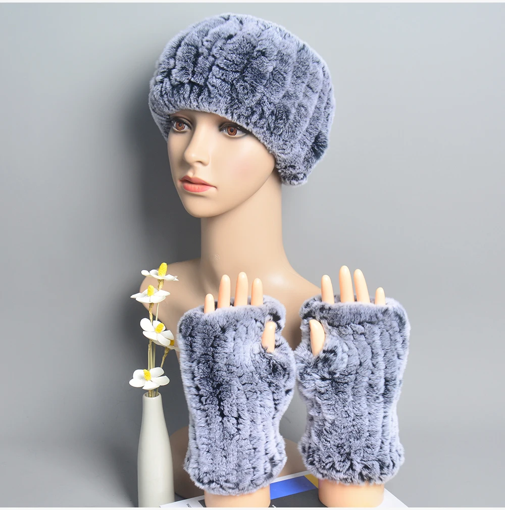 One Set Women Real Rex Rabbit Fur Cuff+Headband Winter Warmer Hat Arm Wrist Sleeve Gloves Female Real Fur Cap+Elastic Wristband