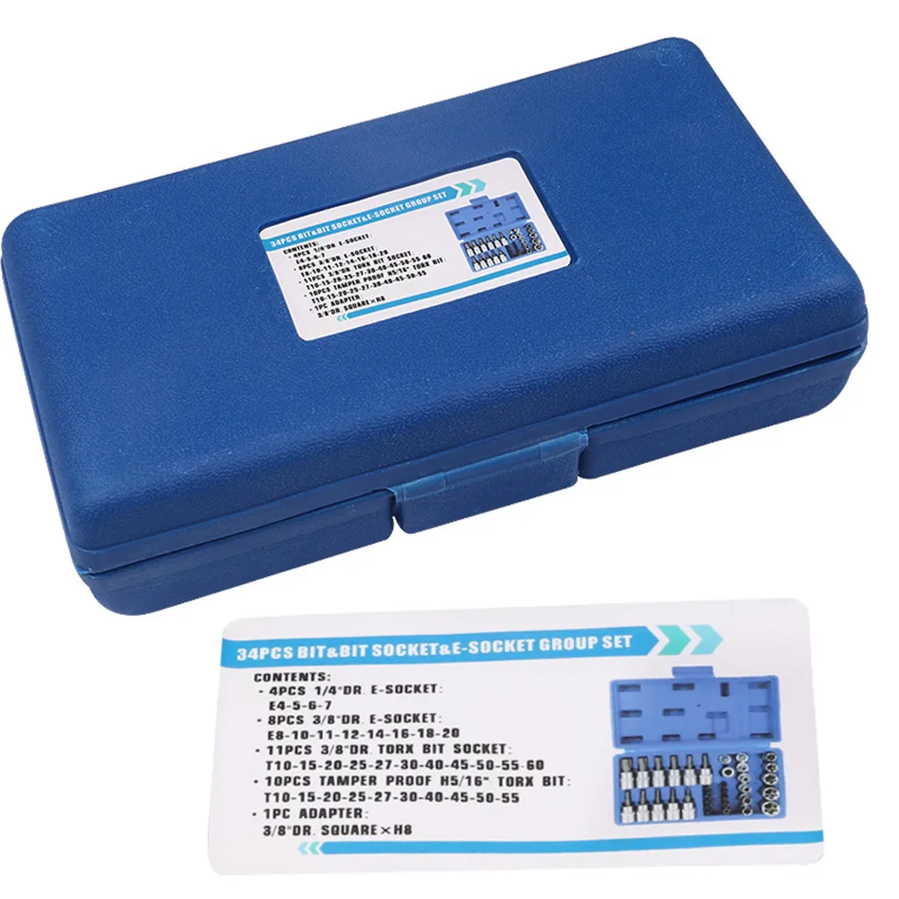 34 قطعة مقبس بت توركس ومجموعة مقابس نجمة E-Torx 1/4 "3/8" 1/2 "محرك ذكر أنثى E-torx لقم أمان أداة محمولة #6