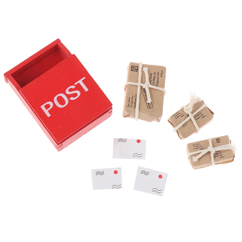 1Set 1:12 Dollhouse Miniature Letter Box Red Mailbox With Mail Sack Postcard Fairy Garden Door Furniture House Decor Toy